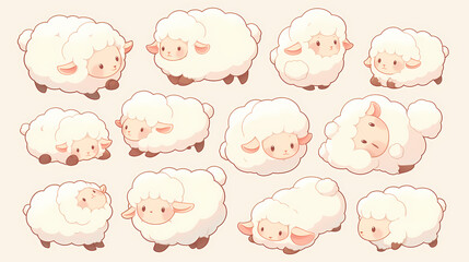 Obraz premium Cute cartoon sheep in various poses, showcasing playful expressions against a soft pastel background