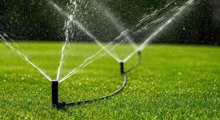 Efficient garden watering system with sprinklers in lush green lawn