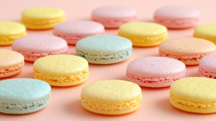 Fototapeta premium A detailed close-up of colorful macarons arranged on a table surface.