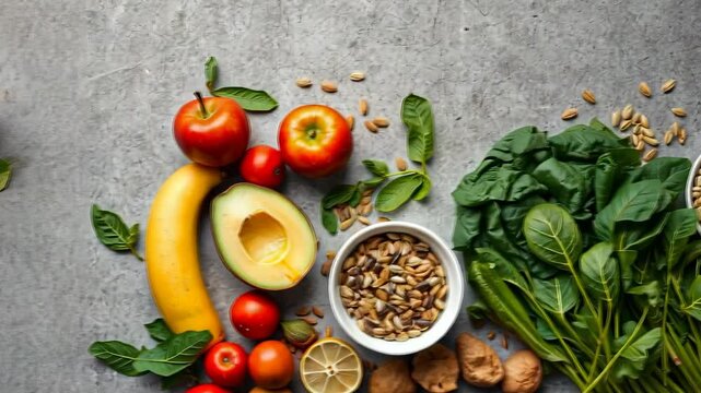 Vibrant Colorful Assortment of Fresh Fruits and Vegetables on Gray Background