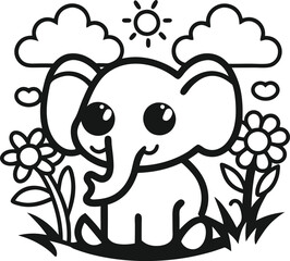Cute Cartoon Elephant - Black and White Kawaii Line Art for Children's Coloring Book