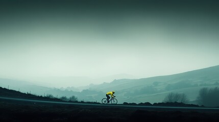 Fototapeta premium A person cycles on a road while holding a yellow umbrella.