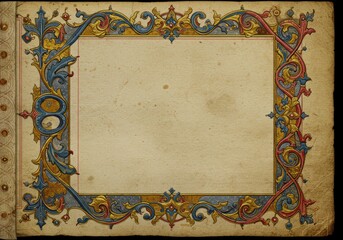 Ornate vintage manuscript border with intricate floral design elements in red, blue, and gold