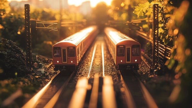 Two miniature trains on parallel tracks at sunset.
