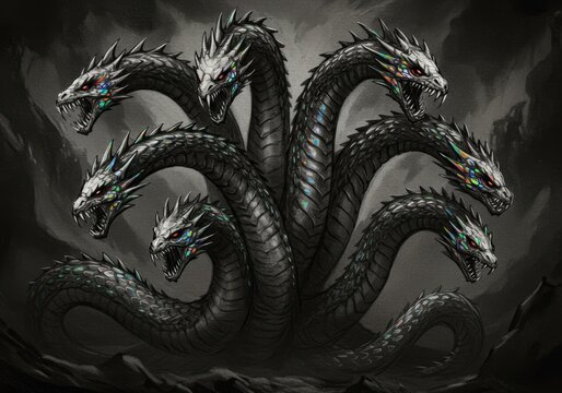 Mythical multi-headed hydra dragon with metallic scales in monochrome setting