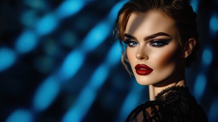 Woman in black dress with red lips posing confidently for a photograph.