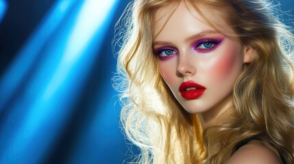 Blond woman with vibrant makeup and red lipstick striking a pose for the camera.