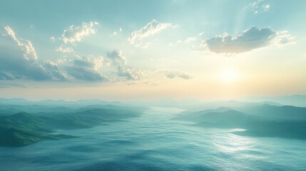 Fototapeta premium Aerial view of tranquil ocean valley at sunset. Scenic landscape. Use Stock photo