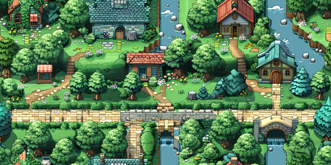 Fototapeta premium Charming village in pixel art style with houses, rivers, and bridges surrounded by nature. Generated with AI.
