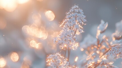 Soft sunlight illuminates delicate white flowers, bokeh background.