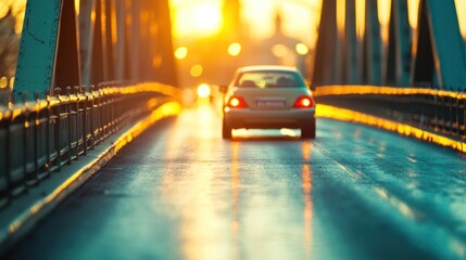 Fototapeta premium Car driving across bridge at sunset.