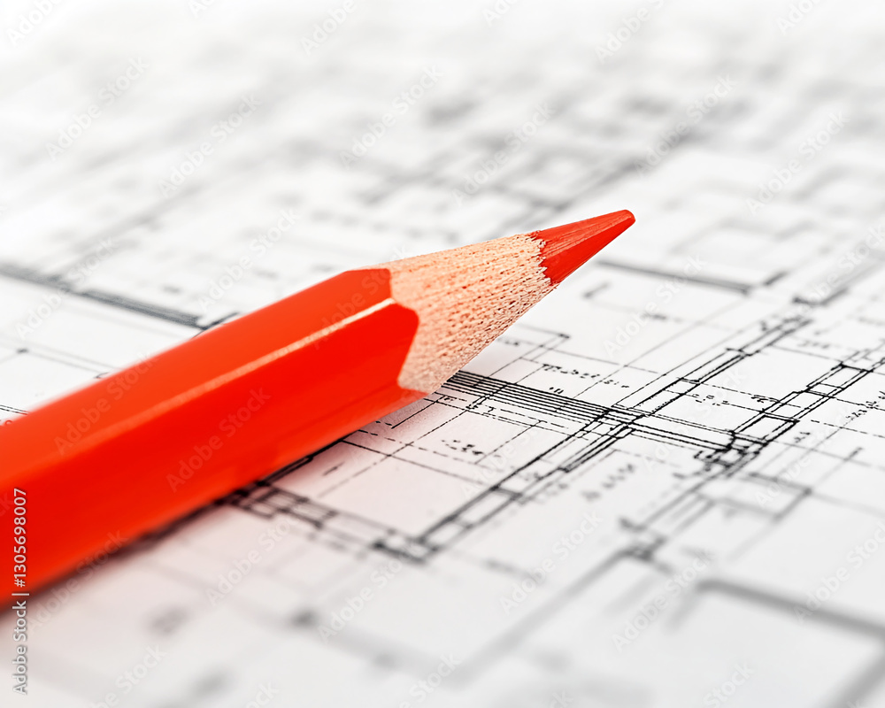 Poster close-up of orange pencil on architectural blueprint, showcasing design process and precision, symbo
