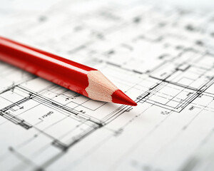 Red pencil on architectural blueprint, showcasing design process, precision, and construction planning, symbolizing creativity and meticulous work