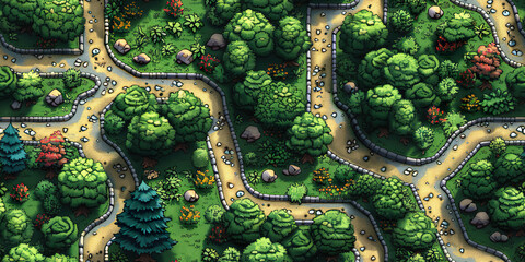 Naklejka premium Winding stone path surrounded by trees and vegetation in a pixel art forest. Generated with AI.