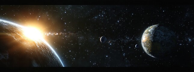 Obraz premium Sunrise over Earth and other planets in space.