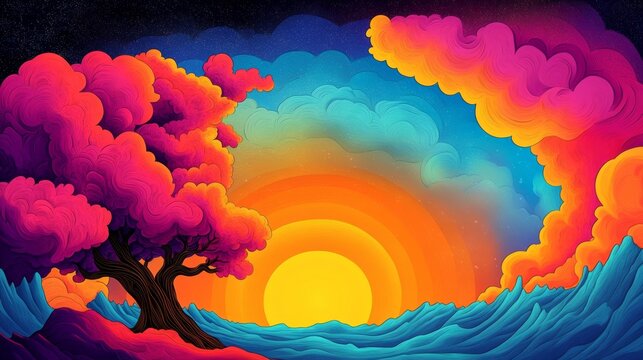 Vibrant sunset landscape with a stylized tree, colorful clouds, and rolling hills.  A digital art piece with a surreal, dreamlike quality.
