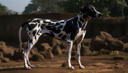 Elegant black and white spotted Dalmatian, Pointer and Greyhound mix Dog outdoors in nature. Muscular build, sleek coat, attentive, elegance, strength, canine beauty, pet portraiture. 