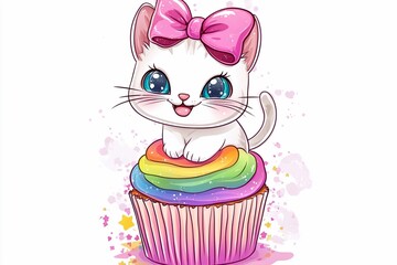 Cute white cat with a pink bow sitting on a colorful cupcake with bright frosting