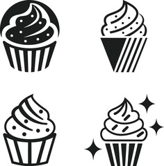 Minimalist Black and White Cupcake Icons - Simple Line Art and Vector Bakery Logos