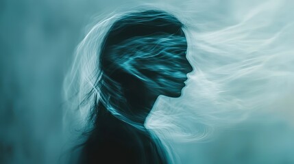 Woman's profile obscured by ethereal, flowing light.