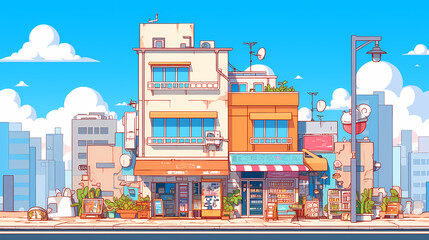 Fototapeta premium Vibrant urban street scene showcasing colorful buildings, shops, and greenery under a clear blue sky