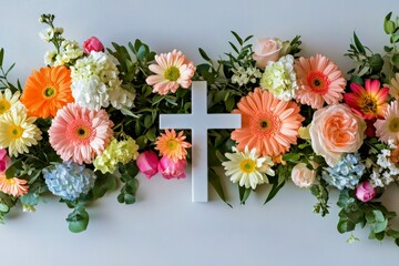 White cross surrounded of beautiful spring summer flowers on white background. Religious celebration, remembrance, memorial, Christian art and decoration