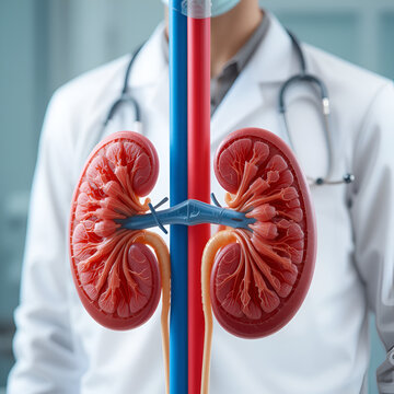 Chronic kidney disease, doctor with model for treatment urinary system, urology, Estimated glomerular filtration rate eGFR.