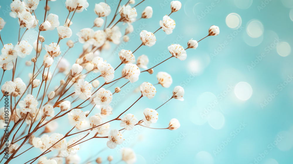 Poster delicate white blossoms emerging on thin branches, soft blue background with dreamy bokeh highlighti