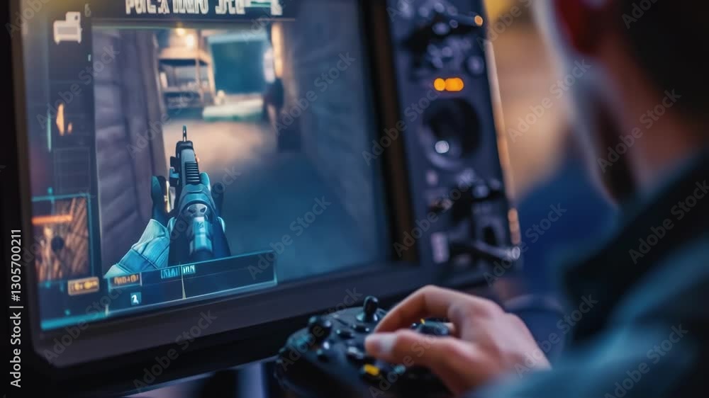 Poster professional cyber sportsman competing in online video game tournament, demonstrating gaming skills 