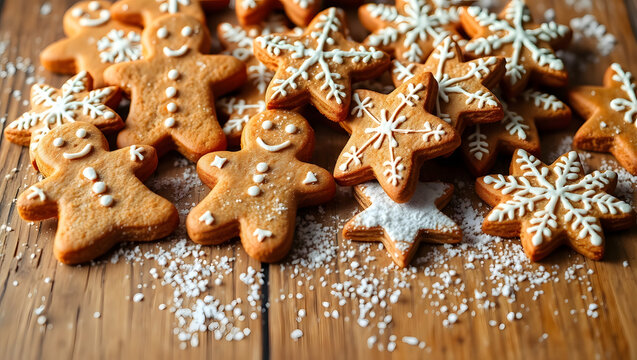 a collection of charming gingerbread cookies with a festive array of gingerbread men and snowflake-shaped treats arranged on a rustic wooden surface