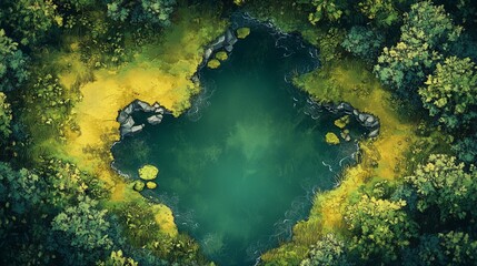 Emerald Pool in a Hidden Glade: A Bird's-Eye View of a Secluded Pond Surrounded by Lush Greenery, Inviting Exploration and Tranquil Reflection.

