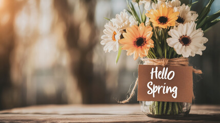 Orange and white gerberas in a glass vase with a cardboard tag saying hello spring, celebrating the arrival of springtime