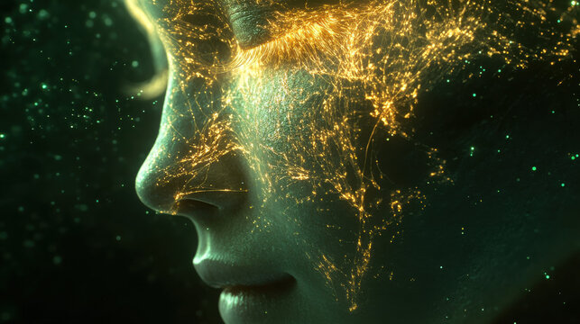 A hyperrealistic close-up shot of a human face, glowing filaments of energy seamlessly woven into the skin's texture, warm gold and emerald green hues radiating softly