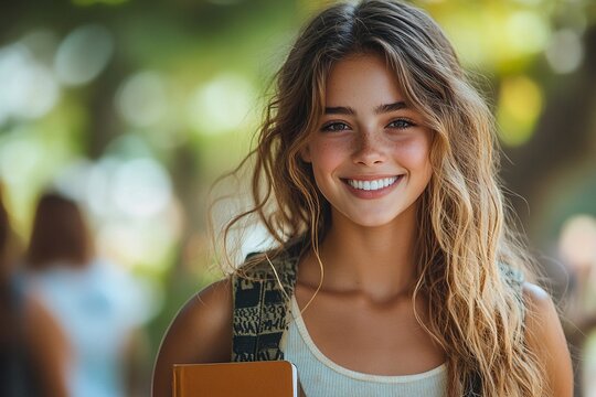 Young woman with long hair smiling brightly while holding a book outdoors in a sunny setting