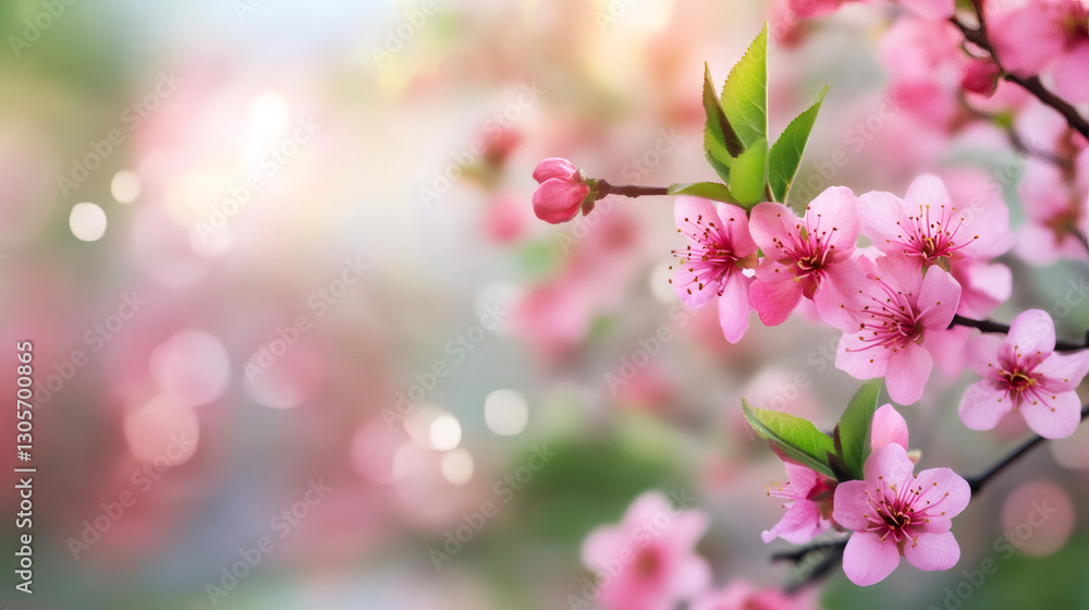 Aufkleber pink flowers and buds on a branch with green leaves, illuminated by sunlight, creating a bokeh effec