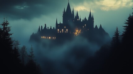 Fototapeta premium Misty Citadel: A Dark, Gothic Castle Emerges from Enshrouding Fog, Illuminated by Flickering Lights, Creating a Mysterious and Eerie Silhouette Against a Gloomy Sky