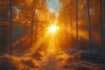 Obraz premium Golden sunlight breaking through forest trees illuminates a tranquil autumn pathway