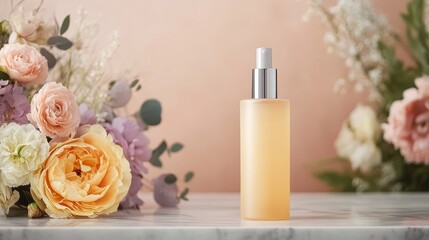 Elegant perfume bottle surrounded by soft pastel flower on a marble surface, creating a serene ambiance