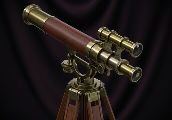 Vintage brass telescope on wooden tripod with black velvet background