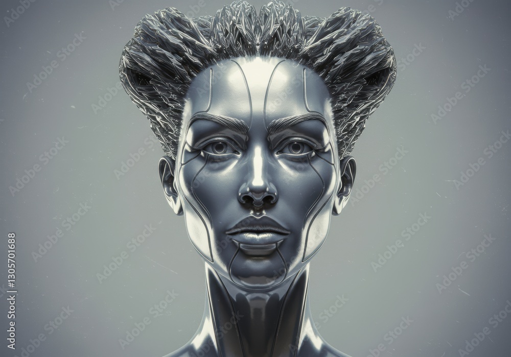 Poster futuristic robotic face with metallic features and intricate design