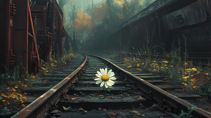 A luminescent daisy adorns a forgotten train track, its petals faded like memories amidst the desolate allure of overgrown weeds and rusty metal. Luminescent - Ocean. Illustration