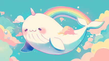 A whimsical narwhal swimming through a colorful sky filled with clouds and a rainbow, evoking joy