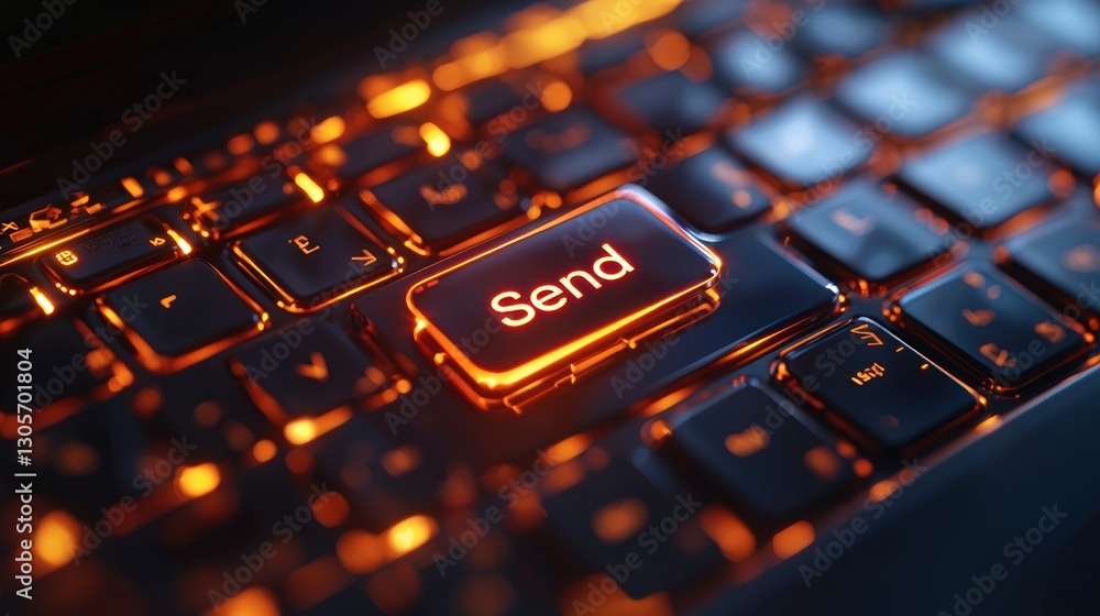 Poster glowing orange 'send' button on a dark keyboard.