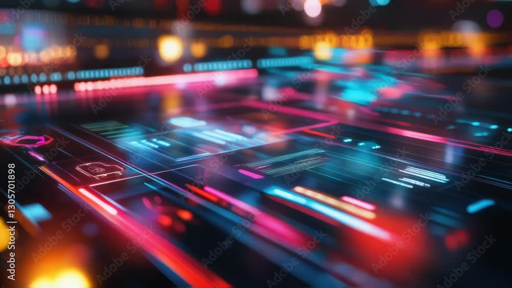 Poster futuristic interface displaying data, statistics, and code with glowing lines and icons, representin