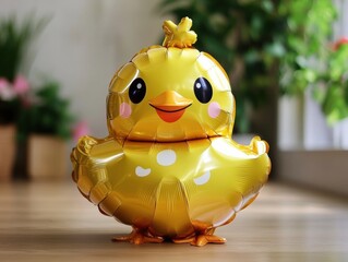 Bright yellow balloon chick adds joy to a cheerful indoor setting for a festive occasion