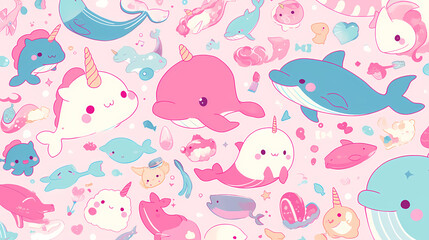 Cute cartoon marine animals including whales, dolphins, and narwhals on a pastel pink background