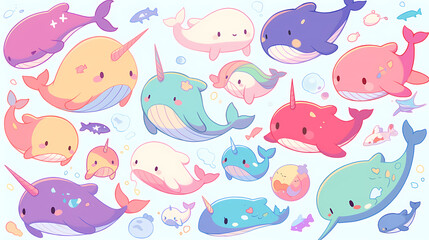 Colorful cartoon narwhals and whales swimming playfully in a whimsical underwater scene