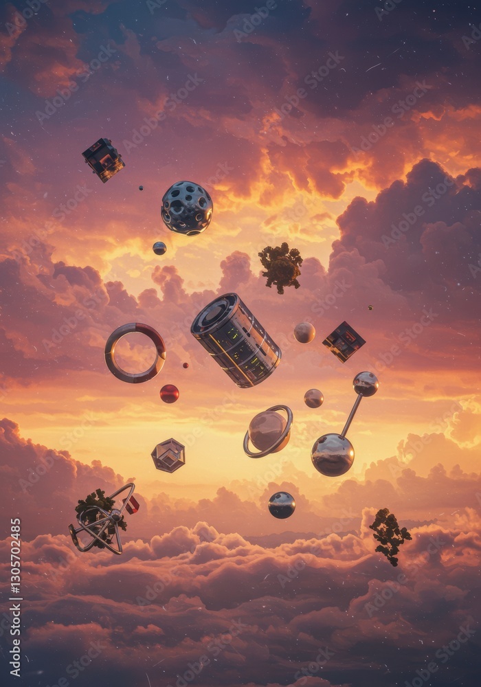 Poster surreal space objects floating in sunset clouds