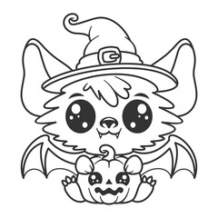Cute bat animal image design carrying a pumpkin, for coloring