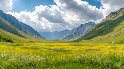 Obraz premium Lush valley carpeted with golden wildflowers surrounding rugged Caucasus Mountain peaks under dramatic overcast skies